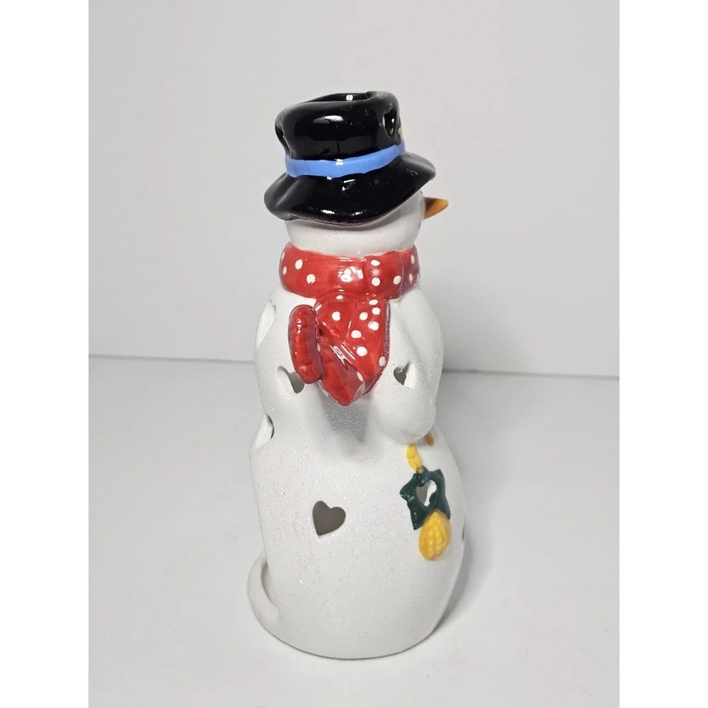 Hallmark Ceramic Snowman Tealight Candle Holder Heart Cutouts Christmas Vintage